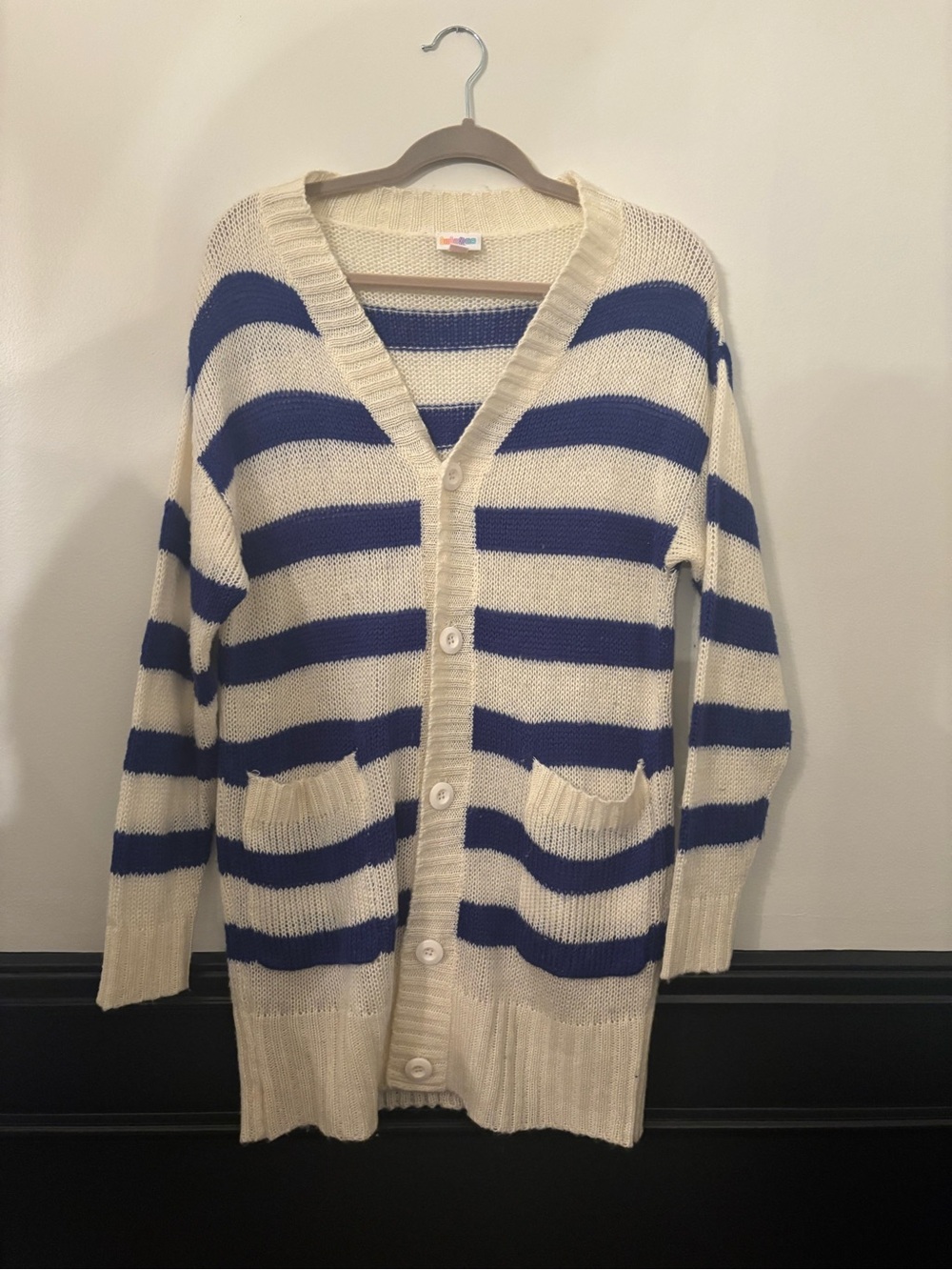 LuLaRoe Cream & Blue Striped V-Neck Button Cardigan